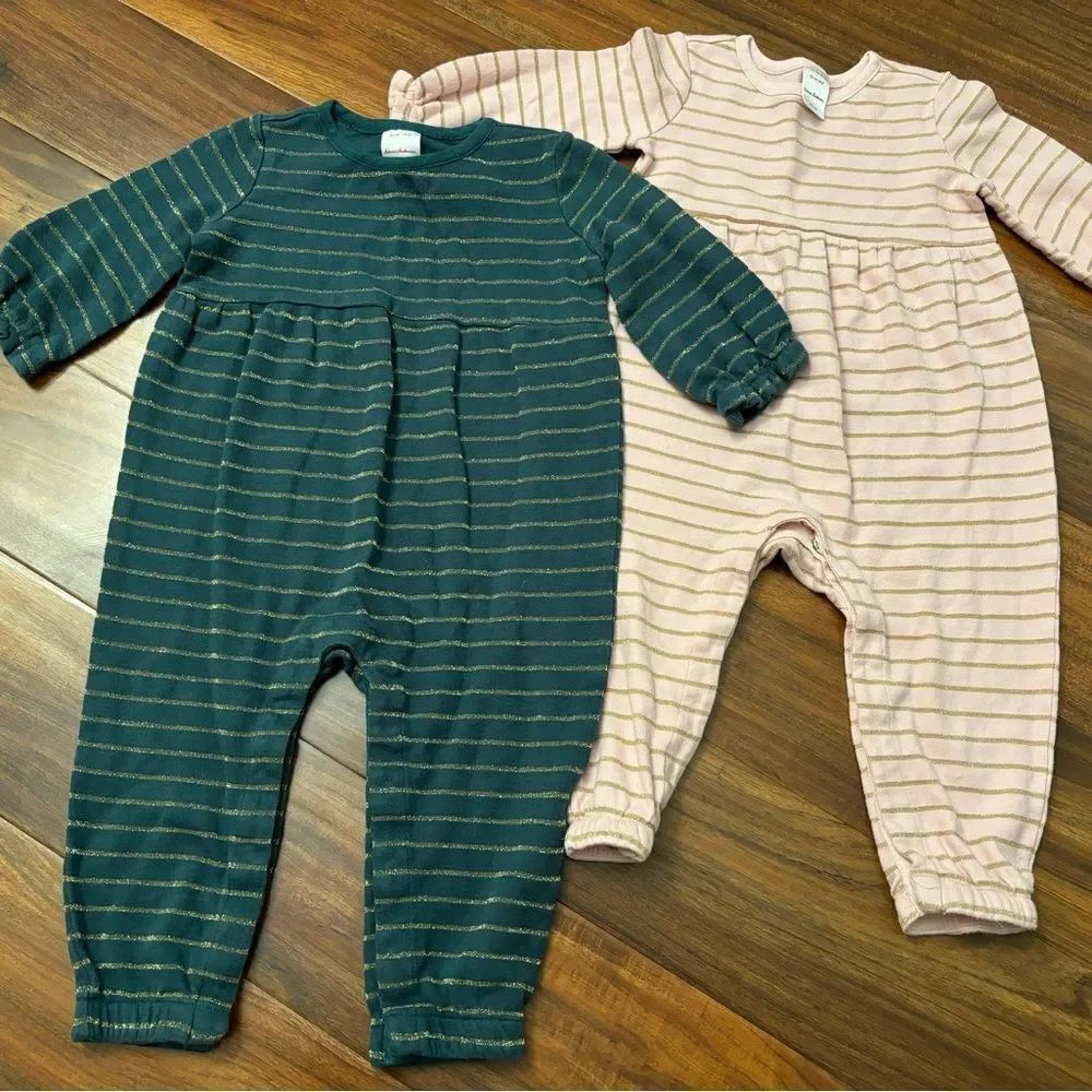 Hanna Andersson light pink and dark green stripe long sleeve jumpsuits